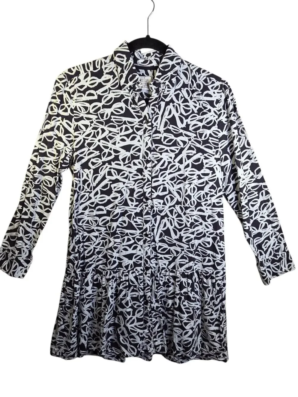 Kate Spade EyeGlass Print SleepShirt Dress Button Down Black White Peplum Small
